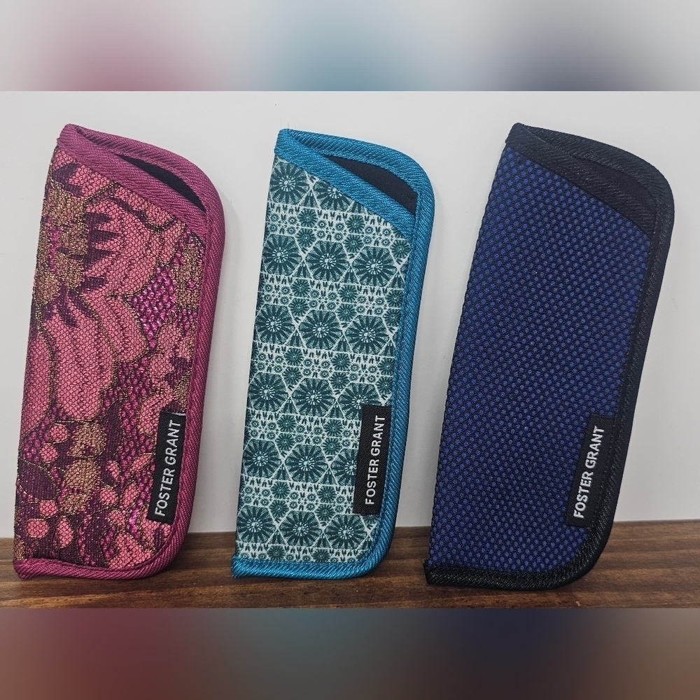 Foster Grant Reading Glasses Slim Lace Soft Sleeve Case Lot Of 3 Pink Teal Blue